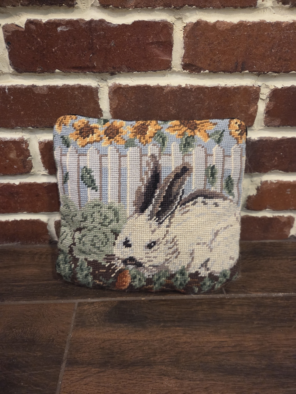 Handcrafted Bunny Needlepoint Accent Pillow in Cream and Green